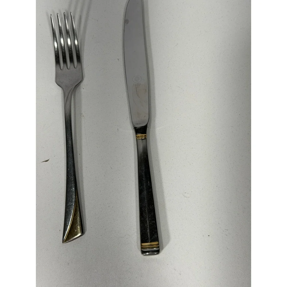 Dalia Spain 18-10 Stainless Flatware Dinner Fork and Knife Gold Accents 2pc Set